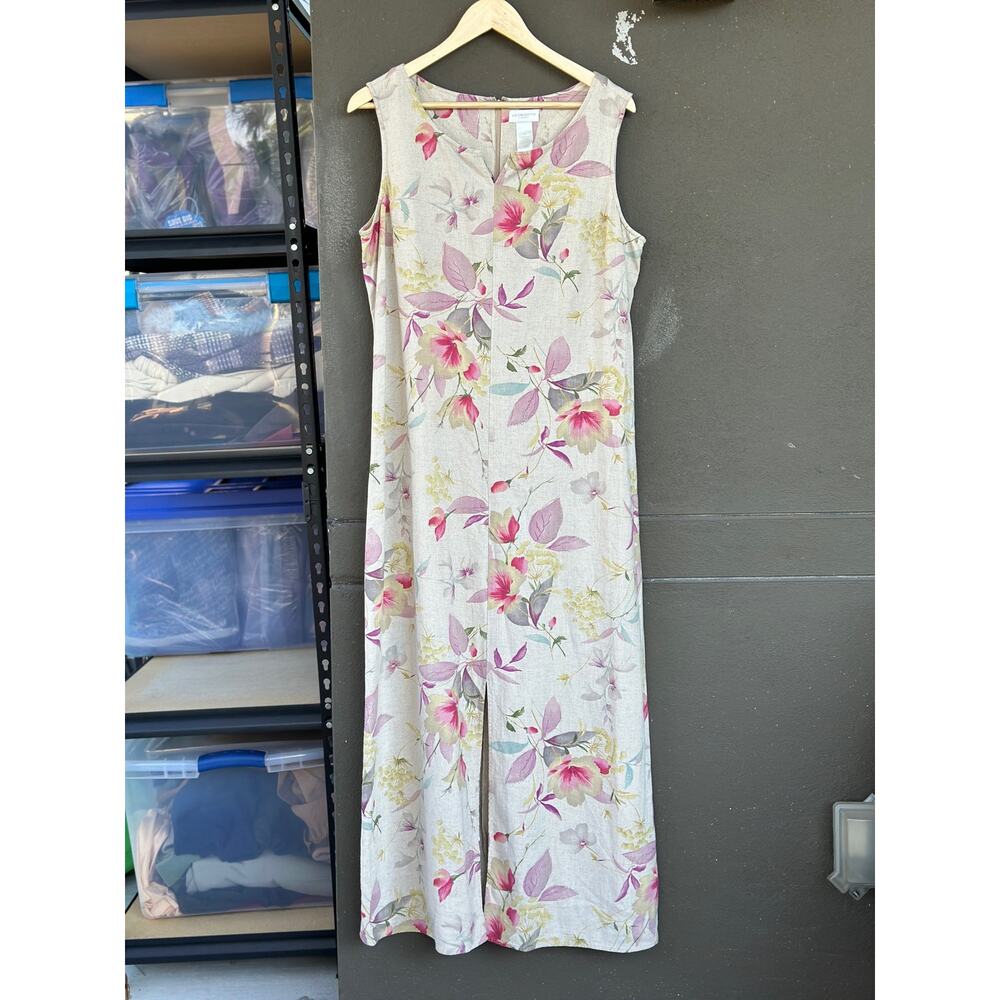 Vtg 90s Liz Claiborne Size 14 Linen Blend Floral Dress Long Summer Flax Sundress